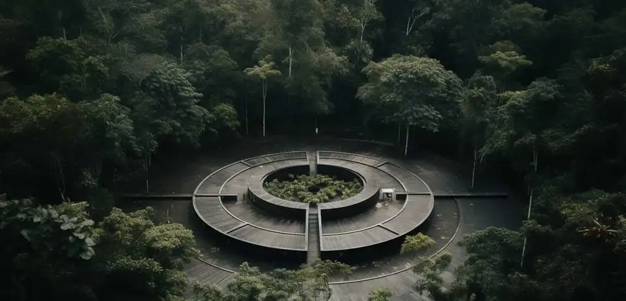 Circular wooden pavilion in the jungle